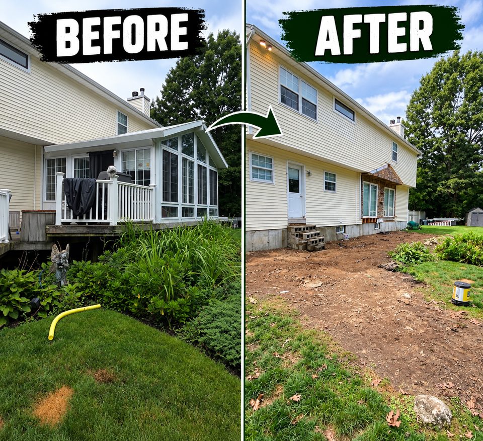 Backyard sunroom and deck before demolition, and the same house with the structure removed and the yard cleared after