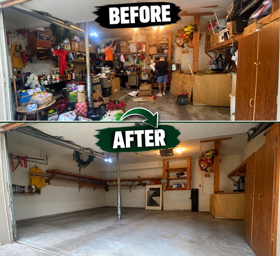 Garage packed with boxes and clutter before junk removal, and the same garage empty and clean after